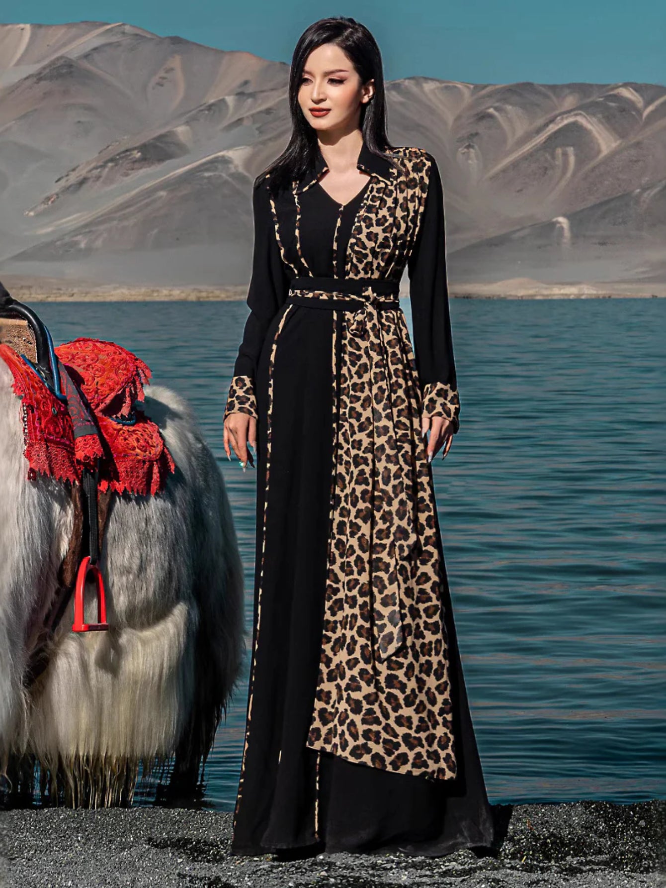 15237 Leopard print small square collar fashion casual design dress cross-border Middle East spot robe