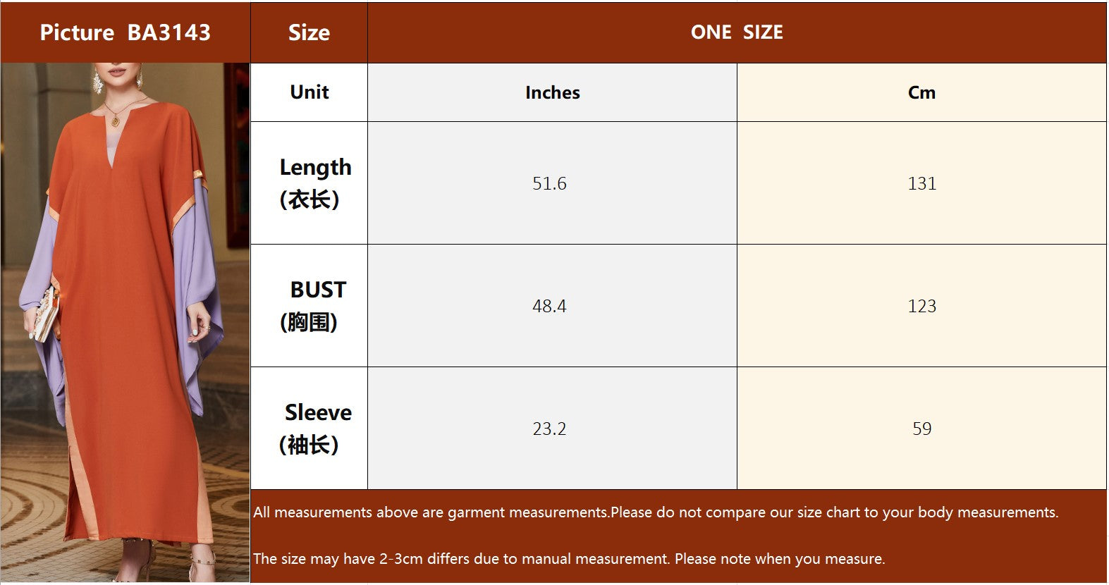 3143 Middle Eastern Style Color-Block Maxi Dress - Orange Purple Cape Sleeve Long Dress