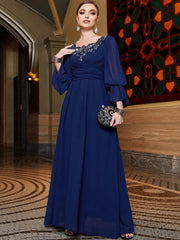 BA3122 navy blue chiffon splicing lace collar evening dress Middle East cross-border hand-sewn diamond elegant long dress