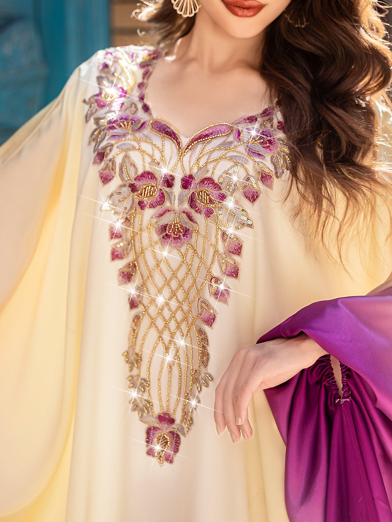 5208Arabic Ombre Abaya Dress | Gold Embroidery V-Neck Gown for Evening Events