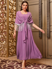 4020 Middle Eastern Style Purple Sparkling Embellished Tassel Maxi Dress - Elegant Fringed Flowy Long Gown