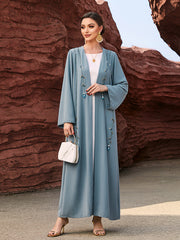 4015 Middle Eastern Style Light Blue Beaded Embellished Open Front Maxi Dress - Elegant Long Abaya Outerwear