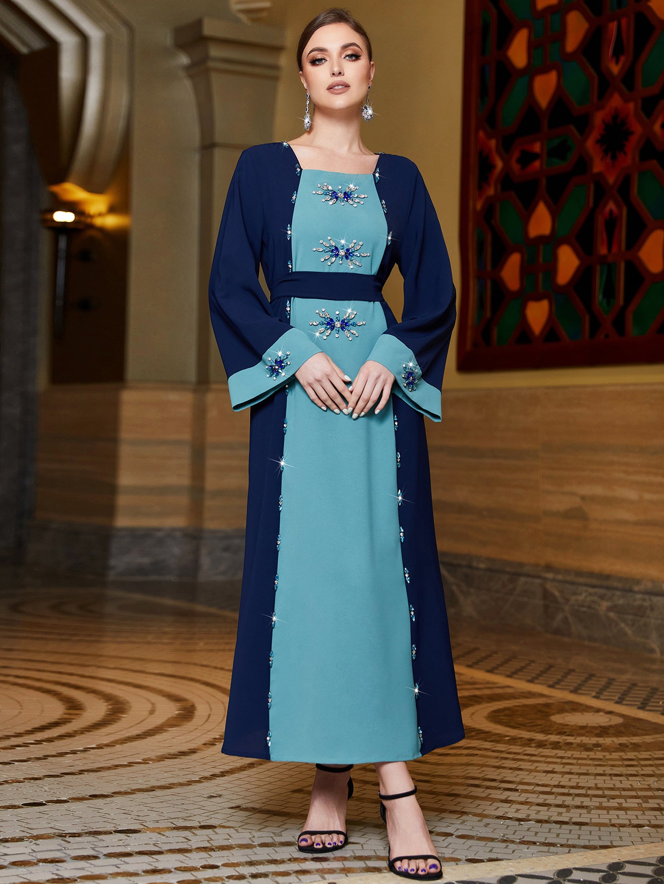 3051 contrasting color splicing! Middlewind horn sleeve diamond-encrusted long slim-fit dress
