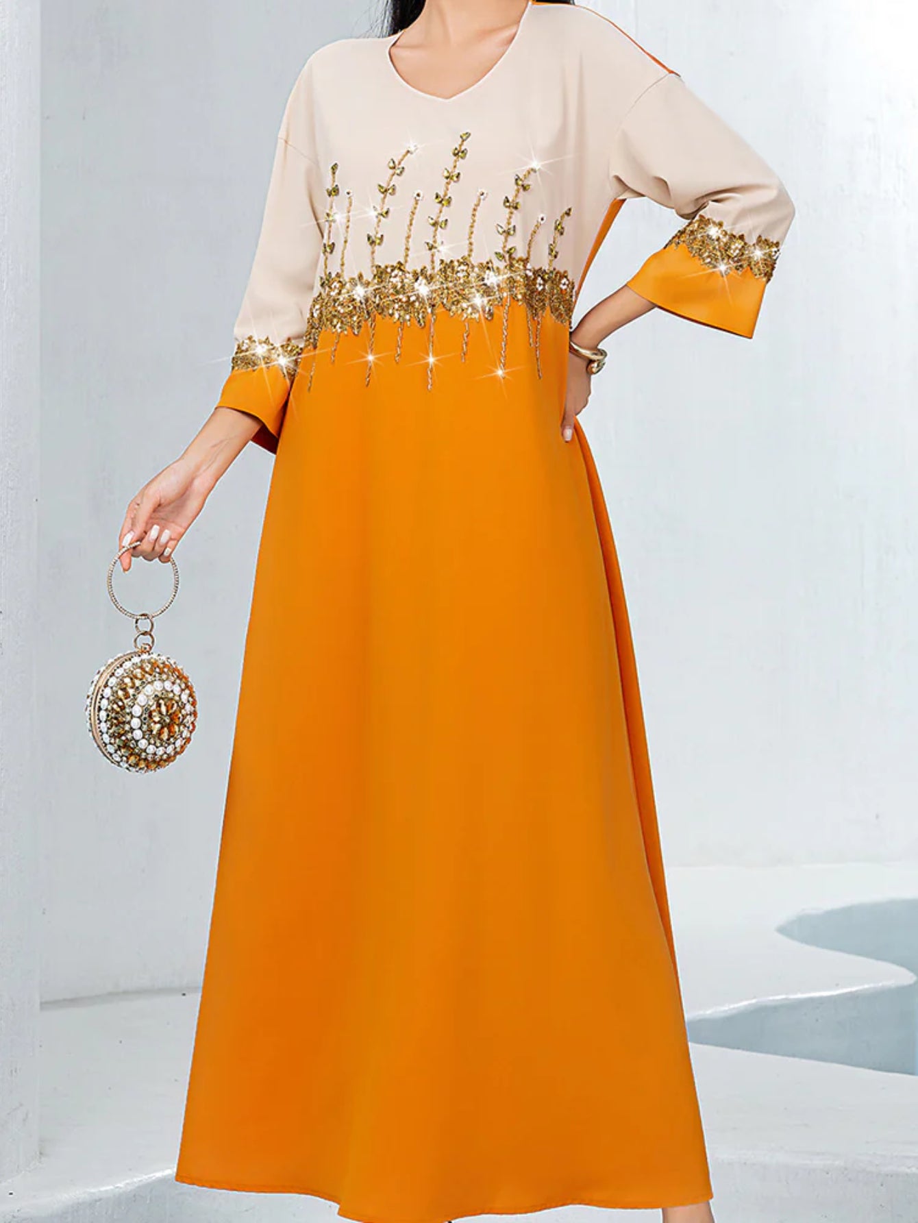 15138m Orange Double Spell Elegant A-shaped Skirt Middle East Banquet Long Skirt Women's Clothing