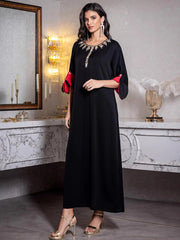 15176 new contrasting color medium-sleeved robe hand-sewn diamond elegant dress