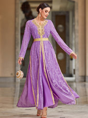 4031 Middle Eastern Style Purple Gold Embroidered Long Sleeve Maxi Dress - Elegant Belted Floral Pattern Gown