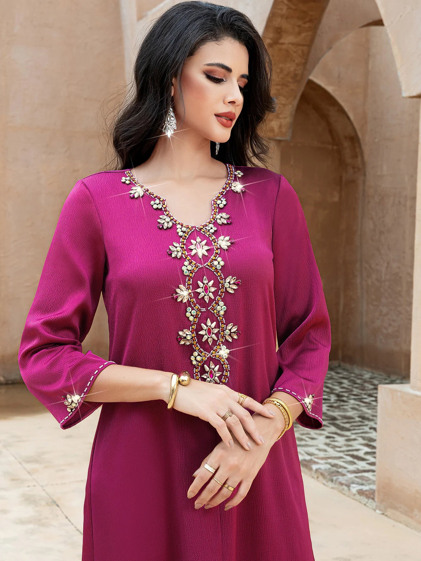 15162 New dragon fruit color Middle East loose handmade embroidered bead robe holiday party dress