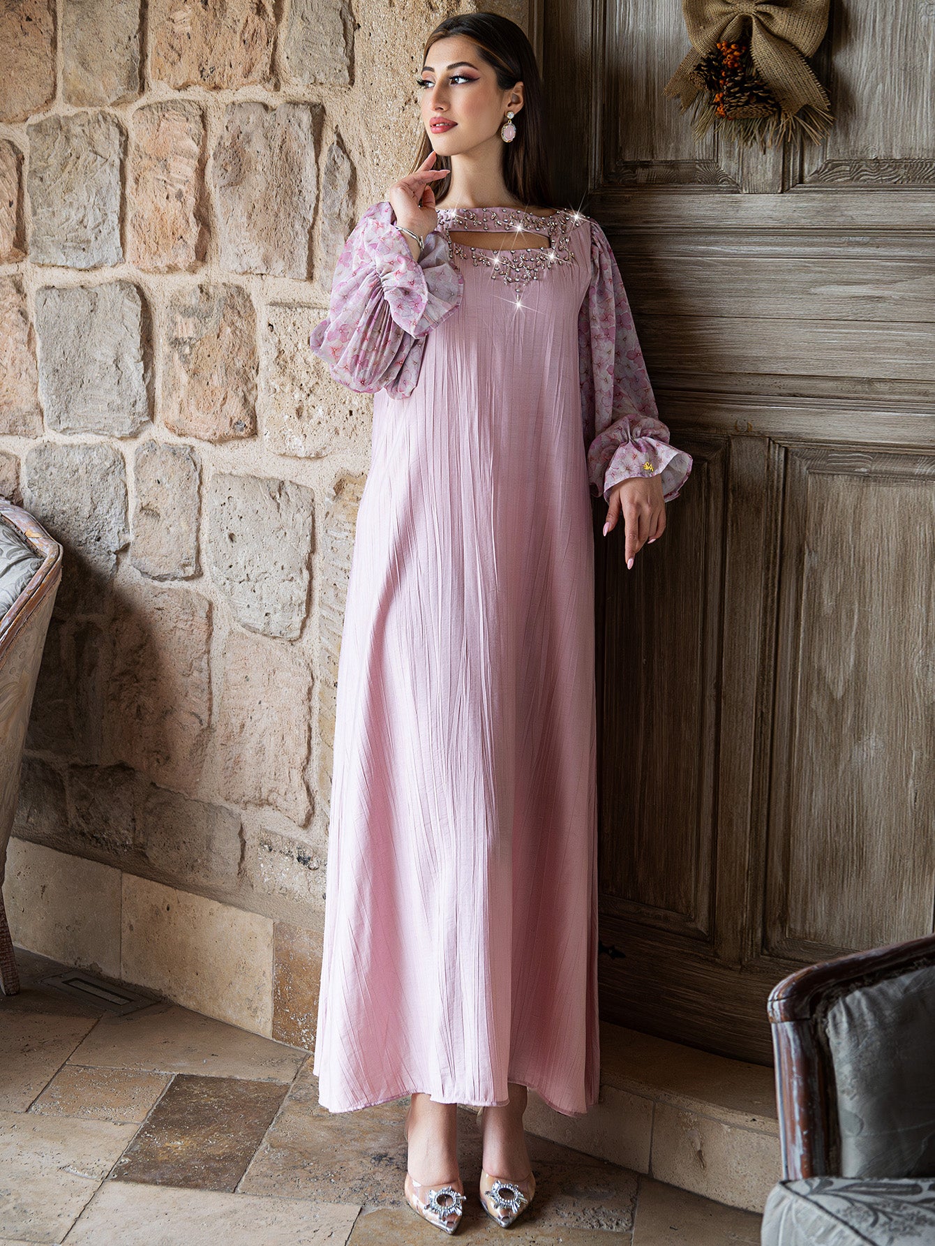 15014 high-end glass-inlaid diamond women's clothing splicing chiffon lantern sleeve A-shaped long dress
