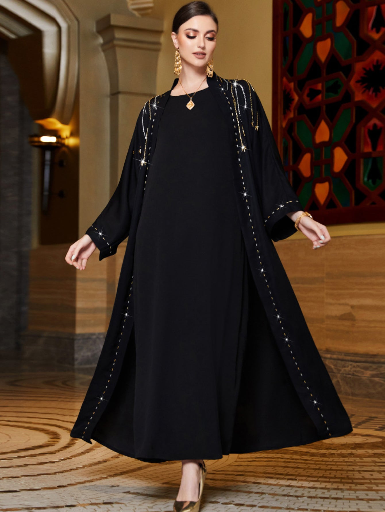 3135 black outer hand-sewn rice bead satin robe, spot cardigan
