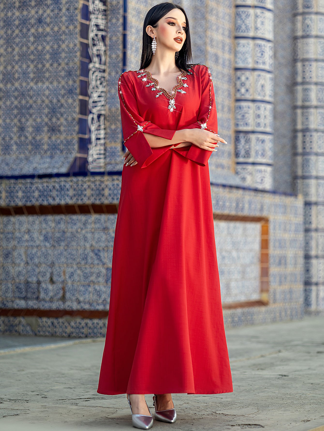 5202Scarlet Beaded Arabic Abaya Dress | V-Neck Bell Sleeves Evening Gown with Crystal Fringe & Embroidery