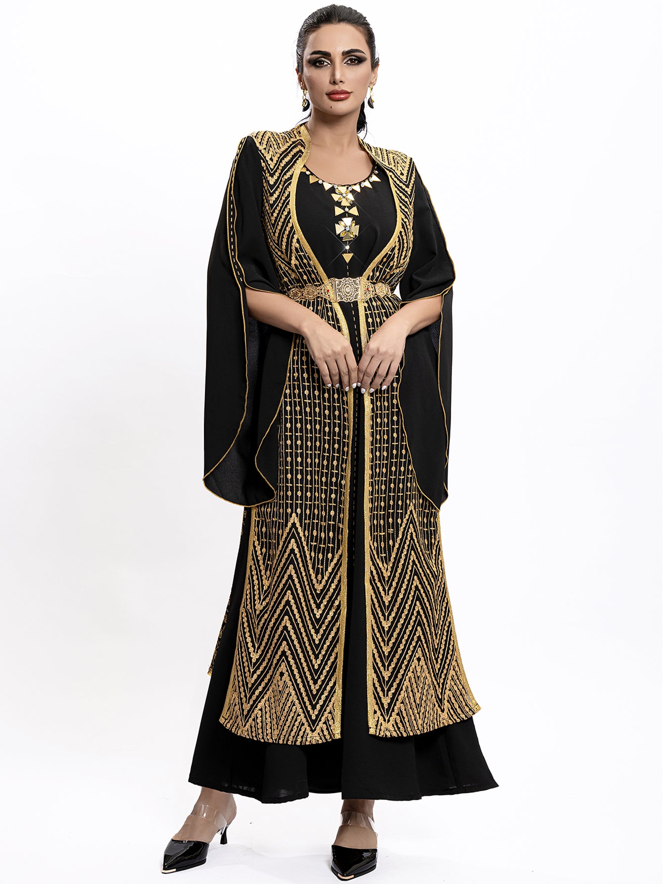 4036 Middle Eastern Style Black Gold Embroidered Pseudotwo-Piece Maxi Dress - Flared Sleeves Belted Elegant Gown