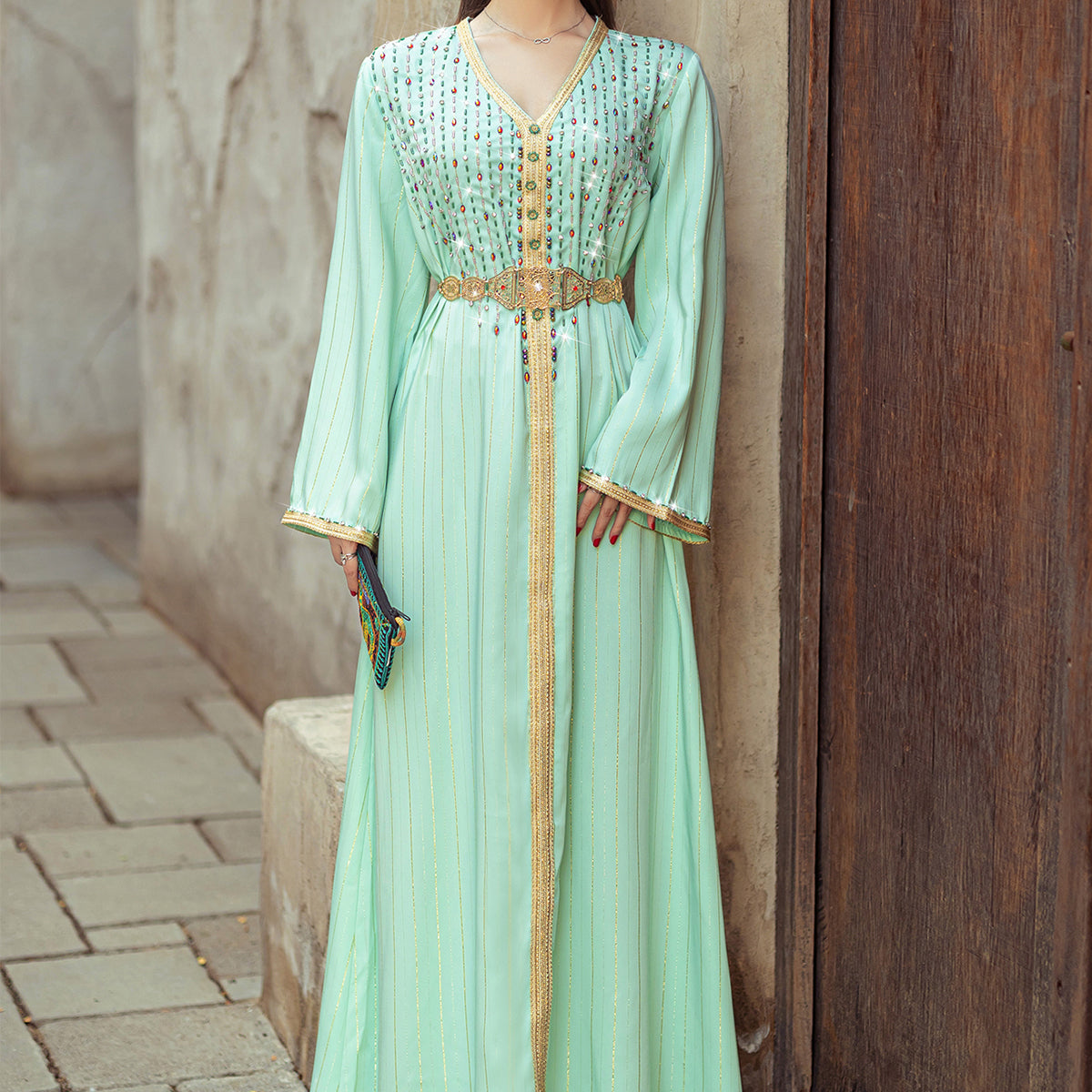 4138 Middle Eastern Style Light Green Gold Rhinestone Bead Embellished Belted Long Sleeve Maxi Dress - Elegant Decorated Gown