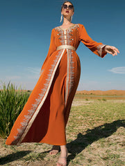 BA9028 new orange heavy industry hand-sewn diamond splicing lace fake two-piece dress Middle East travel dress