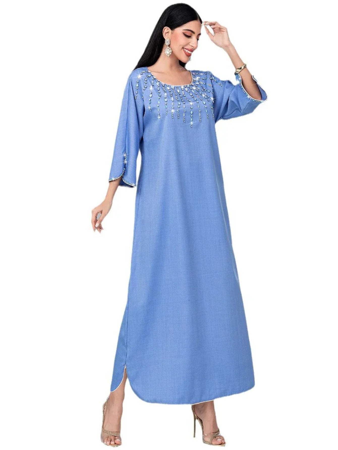 15166 new fog blue square neck loose hand-sewn diamond dress arabic robe