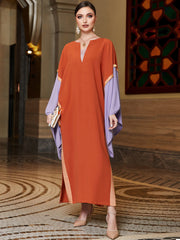 3143 Middle Eastern Style Color-Block Maxi Dress - Orange Purple Cape Sleeve Long Dress