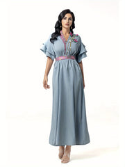 5110 abaya robe dress, floral beads shine, lotus leaf sleeves with waist design, a must for parties