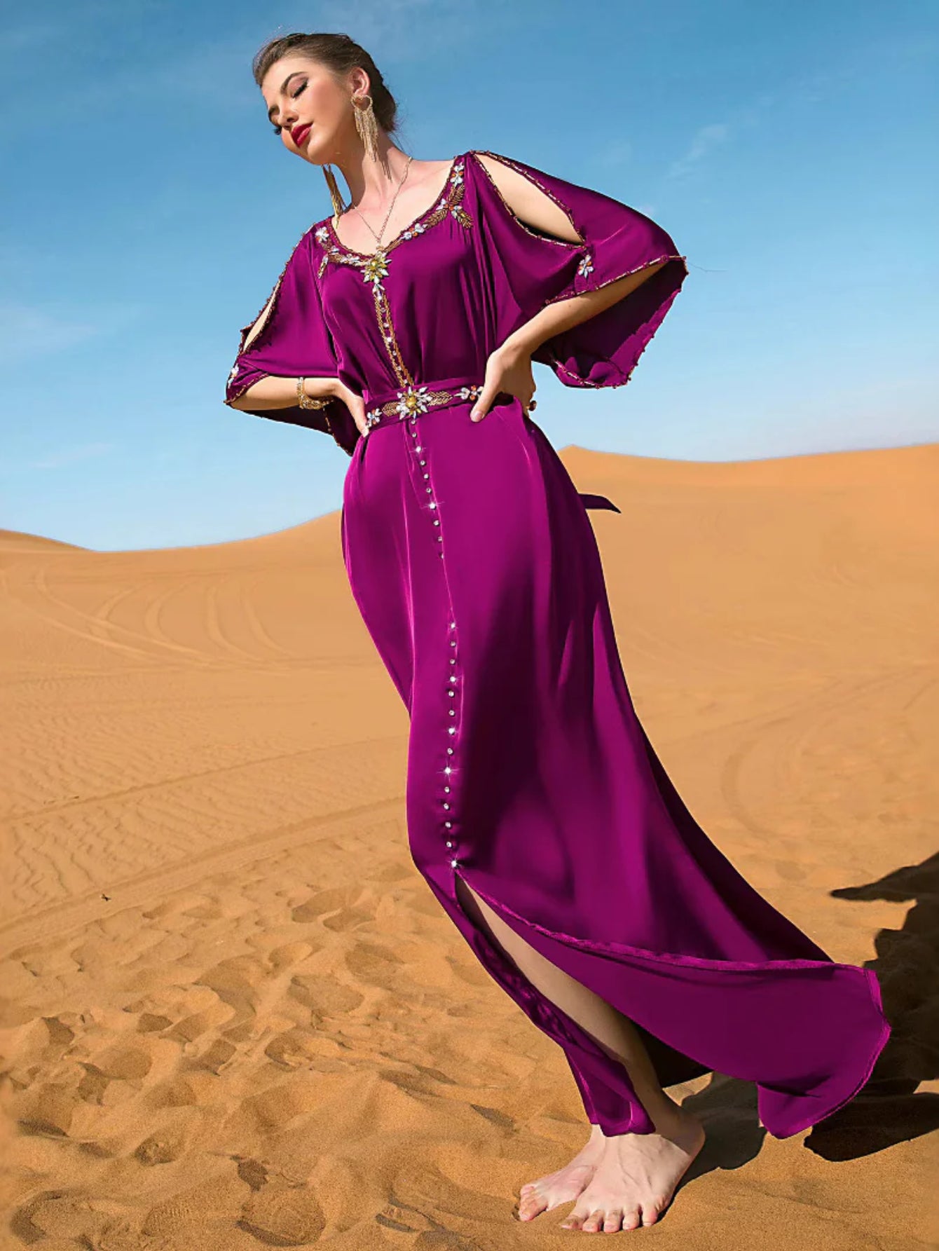 BA7031 Rose purple off-the-shoulder hand-sewn diamond design dress, Middle Eastern party, holiday gift