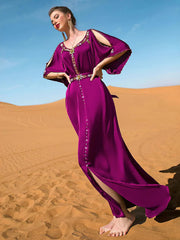 BA7031 Rose purple off-the-shoulder hand-sewn diamond design dress, Middle Eastern party, holiday gift