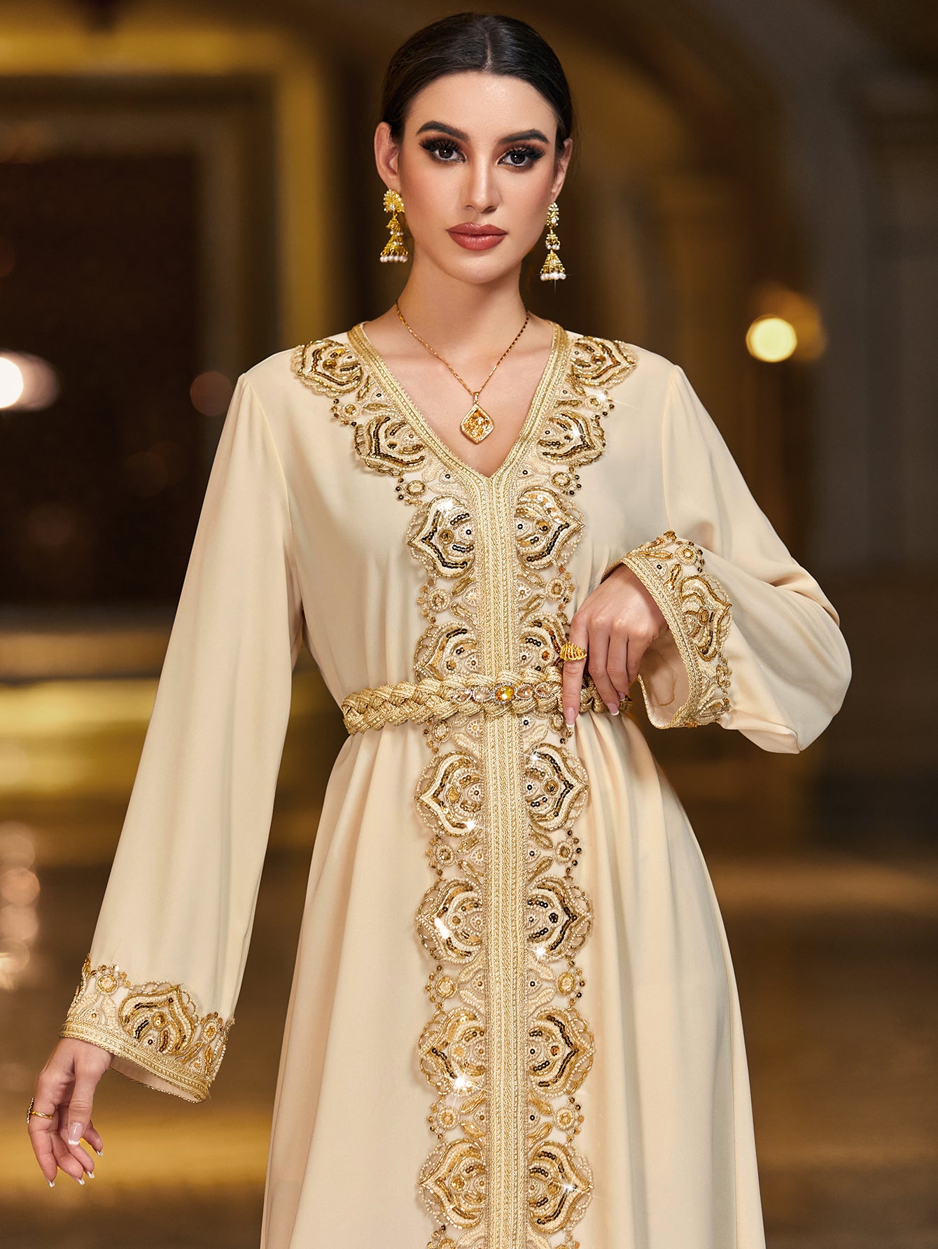 4093 Middle Eastern Style Beige Gold Embroidered Long Sleeve Belted Maxi Dress - Elegant Ornate Decorated Gown