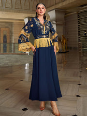 4146 Middle Eastern Style Navy Blue Gold Bead Embroidery Lace Tassel Decorated Long Sleeve Maxi Dress - Elegant Abaya Gown