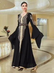 BA3024 Black Chiffon Splicing Heavy Industry Embroidery Flared Sleeve Long Dress Arab Party Robe