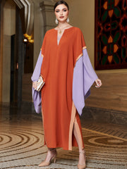 3143 Middle Eastern Style Color-Block Maxi Dress - Orange Purple Cape Sleeve Long Dress