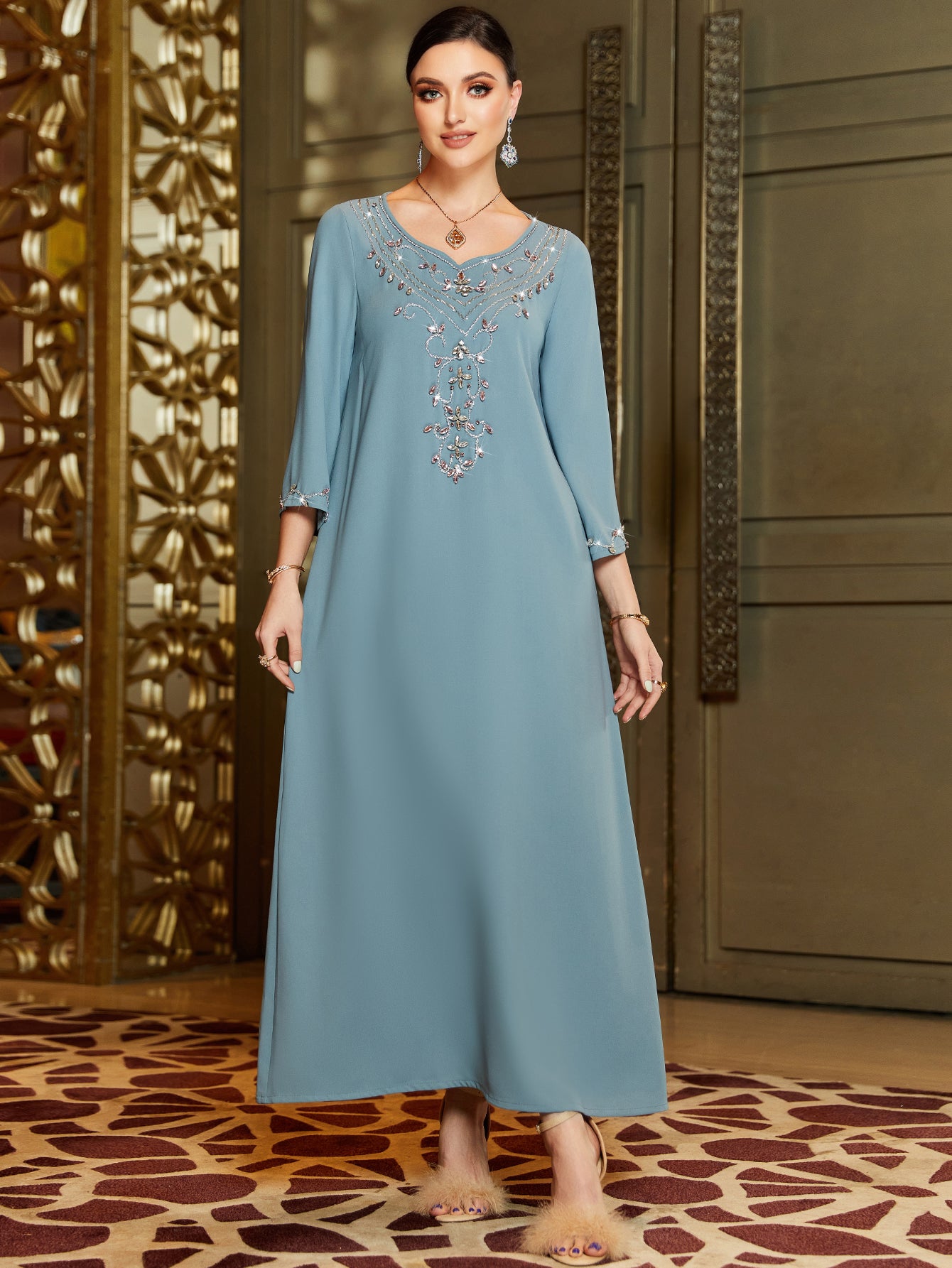 3033 Elegant embroidered diamond-set, light blue mid-eastern wind loose robe dress