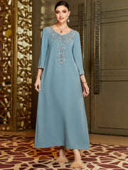 3033 Elegant embroidered diamond-set, light blue mid-eastern wind loose robe dress