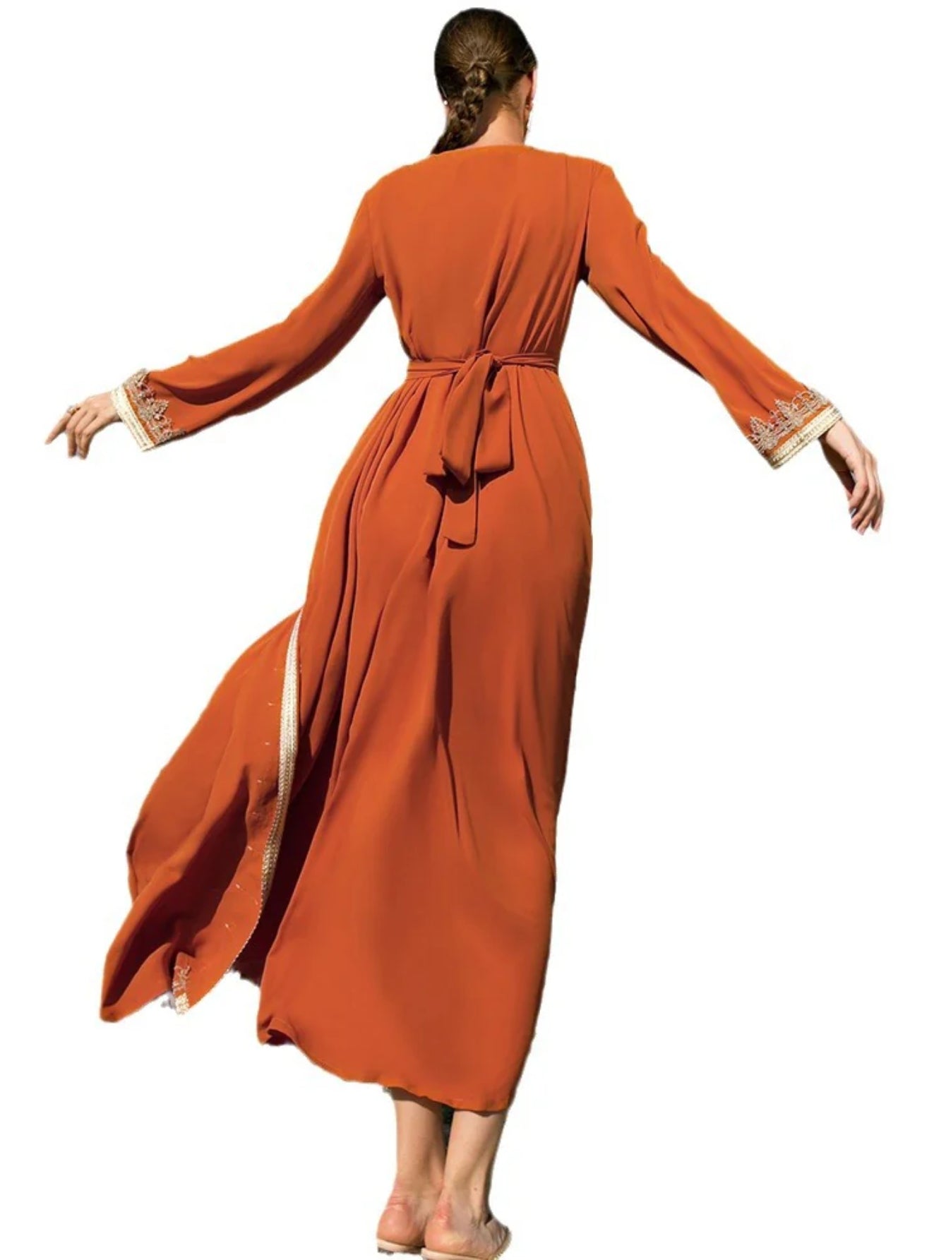 BA9028 new orange heavy industry hand-sewn diamond splicing lace fake two-piece dress Middle East travel dress