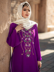 4008 Middle Eastern Style Purple Embroidered Hooded Maxi Dress - Sparkling Gold Green Decorated Long Gown
