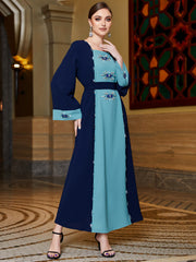 3051 contrasting color splicing! Middlewind horn sleeve diamond-encrusted long slim-fit dress