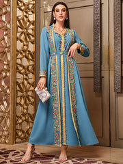 4007 Middle Eastern Style Embroidered Floral Blue Maxi Dress - Elegant Gold-Trimmed Long Sleeve Gown