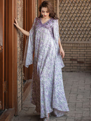 5193Traditional Arabic Embroidered Abaya | Lavender Pearl V-Neck Bell Sleeves Dress for Cultural Evening Wear