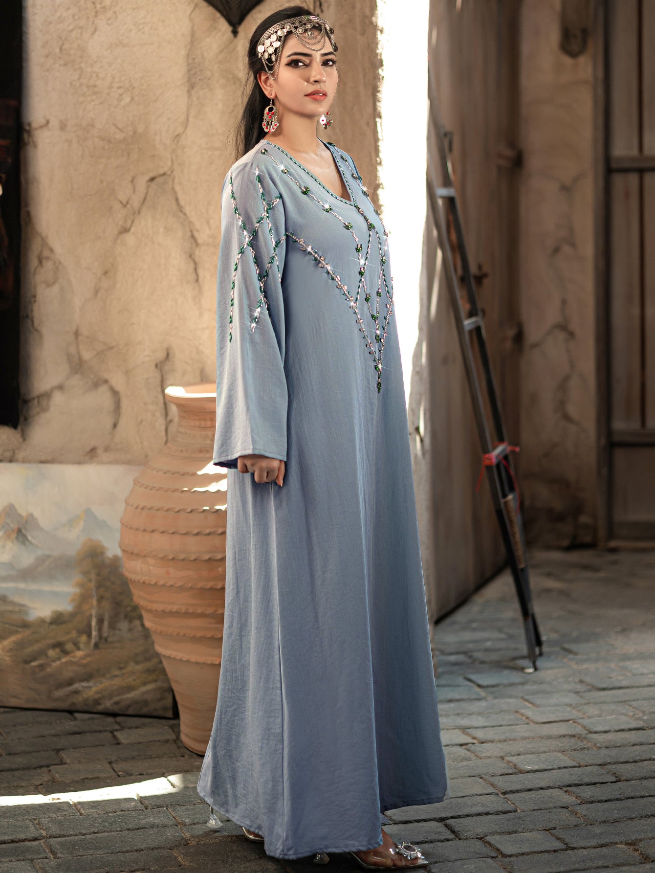 4124 Middle Eastern Style Light Blue Embroidered Loose Sleeve V-Neck Maxi Dress - Elegant Sparkling Decorated Gown