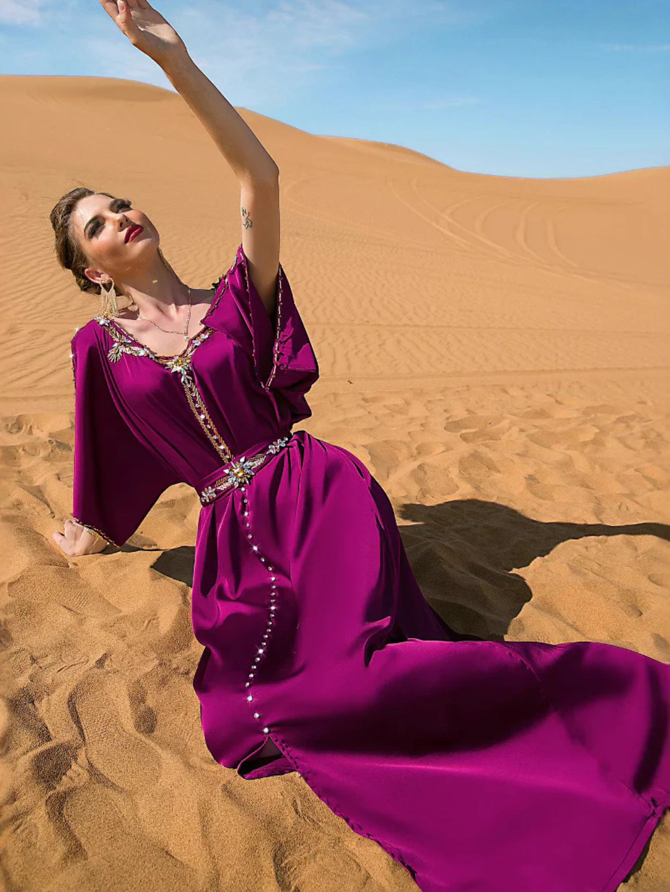 BA7031 Rose purple off-the-shoulder hand-sewn diamond design dress, Middle Eastern party, holiday gift