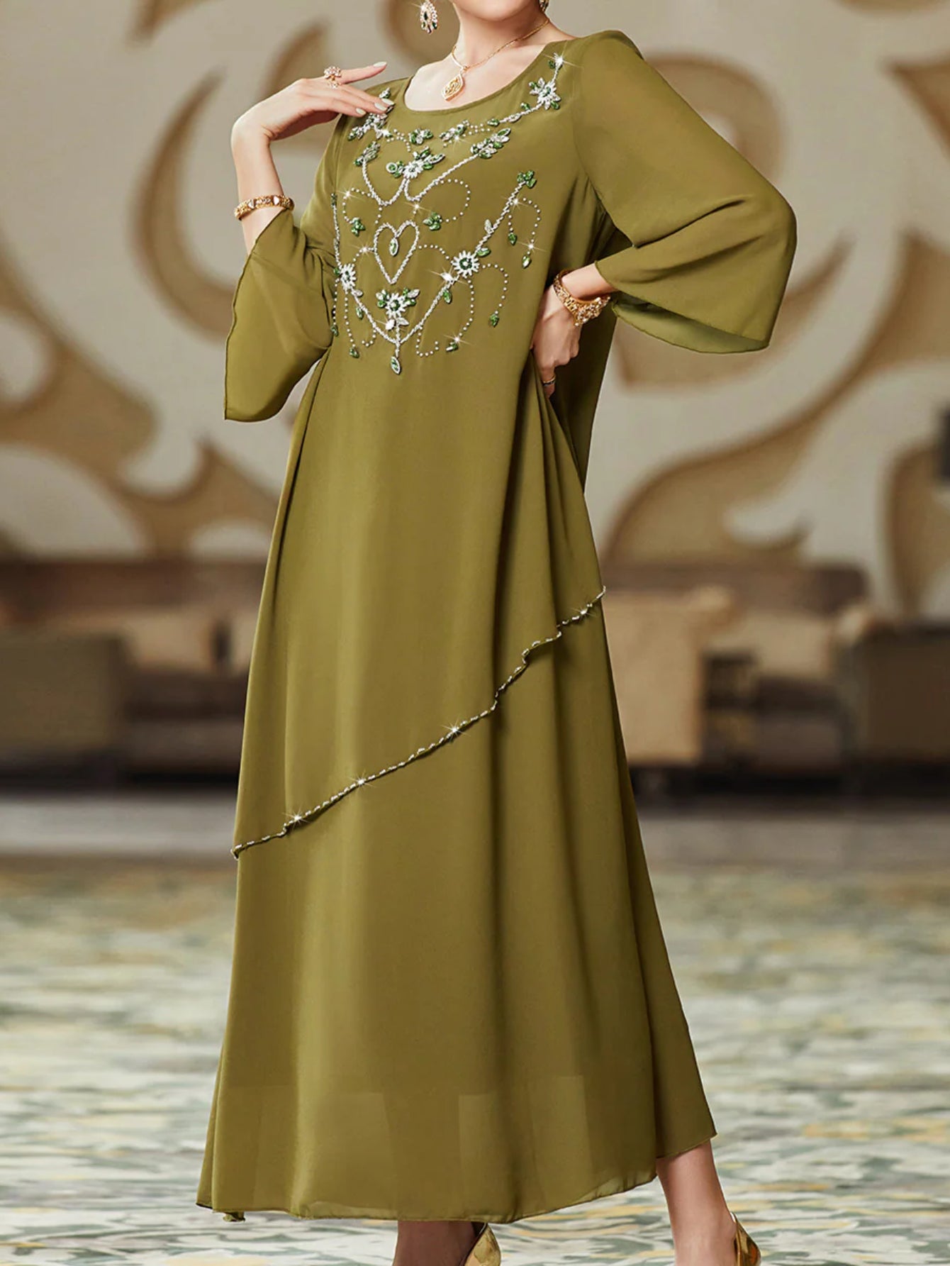 BA3042 New army green hand-sewn chiffon long dress loose pendulum ABAYA dress