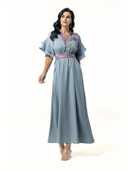 5110 abaya robe dress, floral beads shine, lotus leaf sleeves with waist design, a must for parties