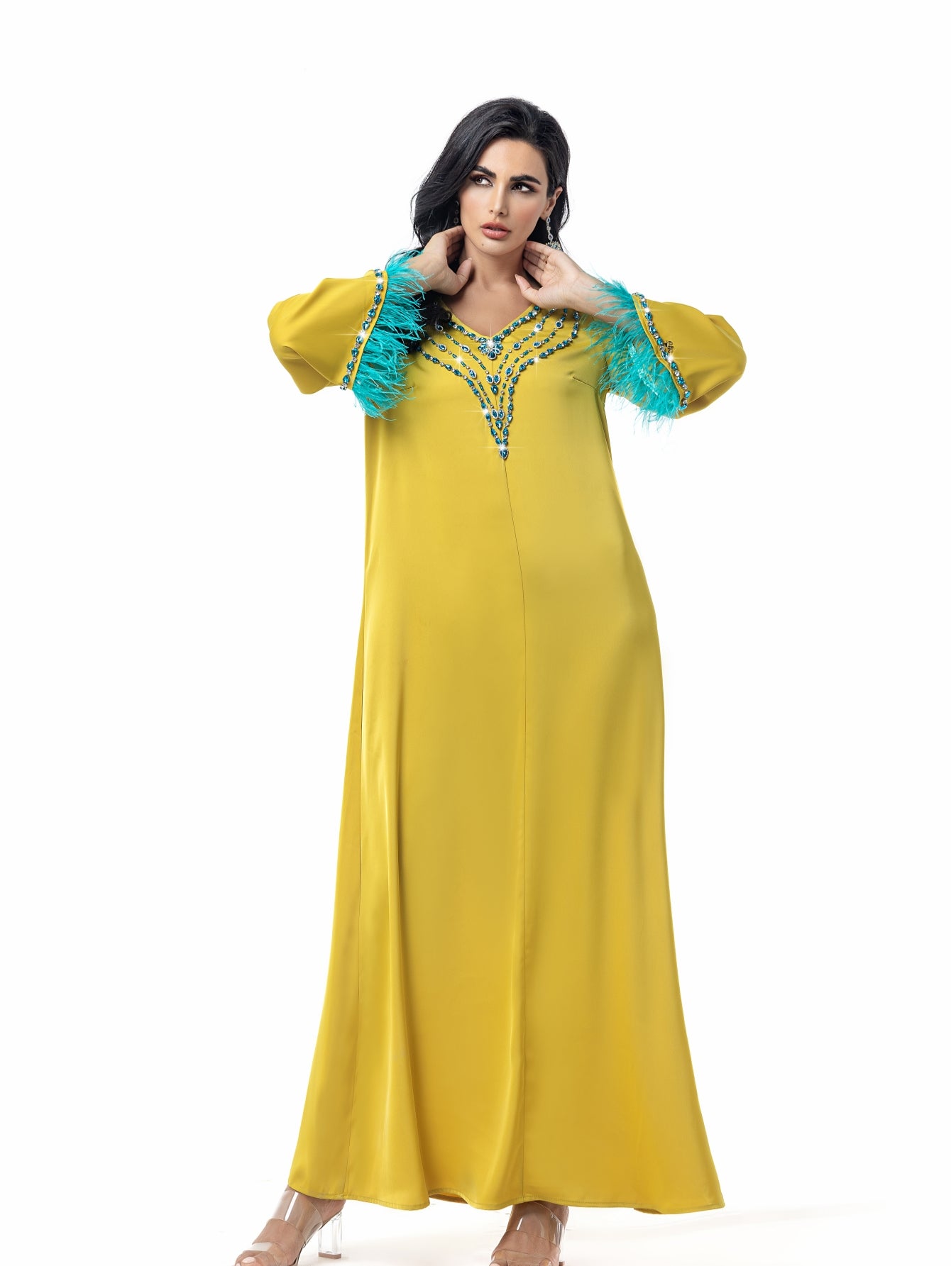 15089 Middle Eastern robe sewn diamond robe splicing feathers women's elegant dress