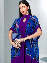 5142Two-Piece Purple & Blue Embroidered Dress Set | Floral Overlay Top with Beaded V-Neck & Slimming Belt