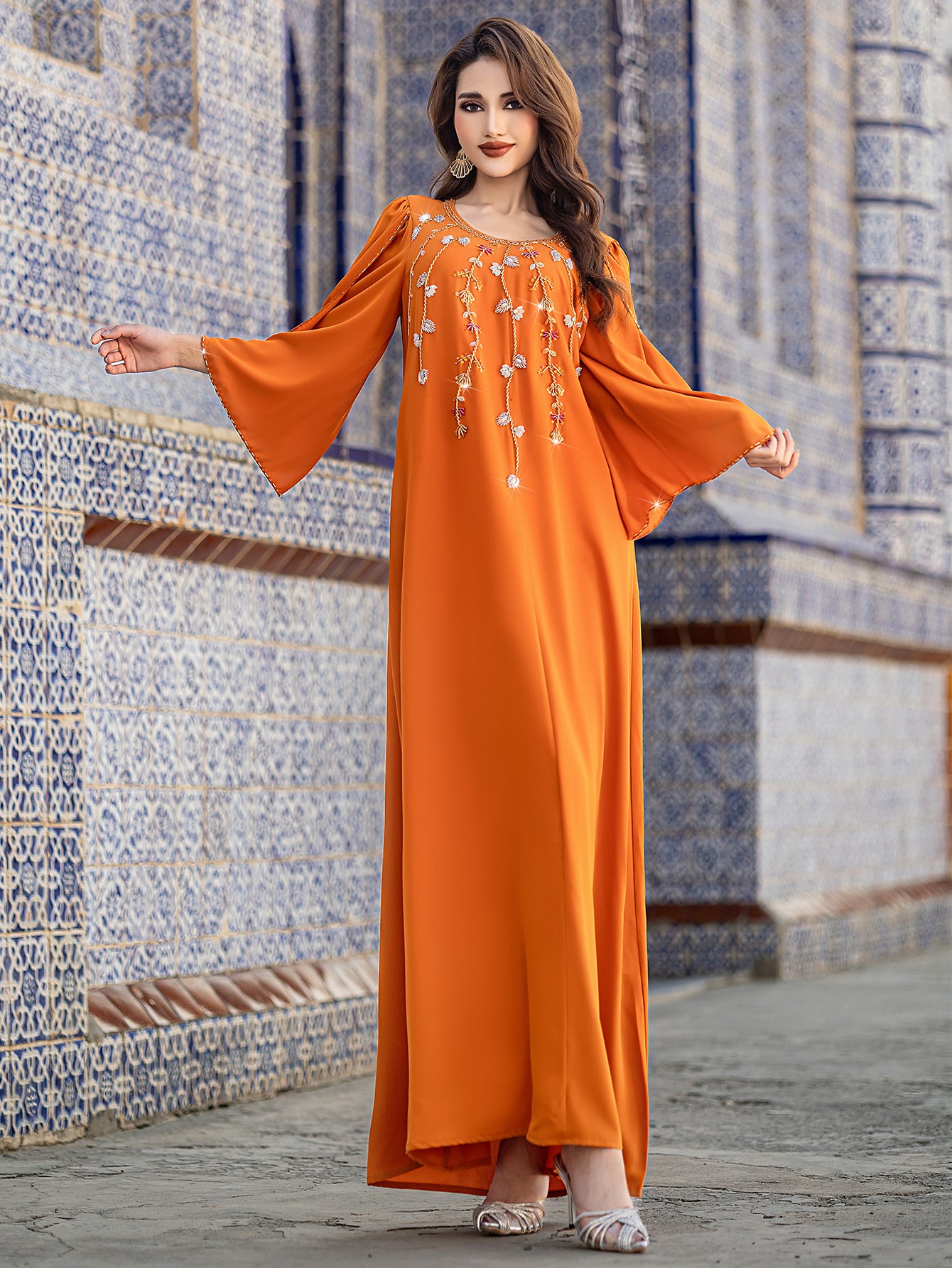 5204 Sunset Orange Arabic Abaya Dress | Round Neck Beaded Gown with Bell Sleeves & Intricate Embroidery