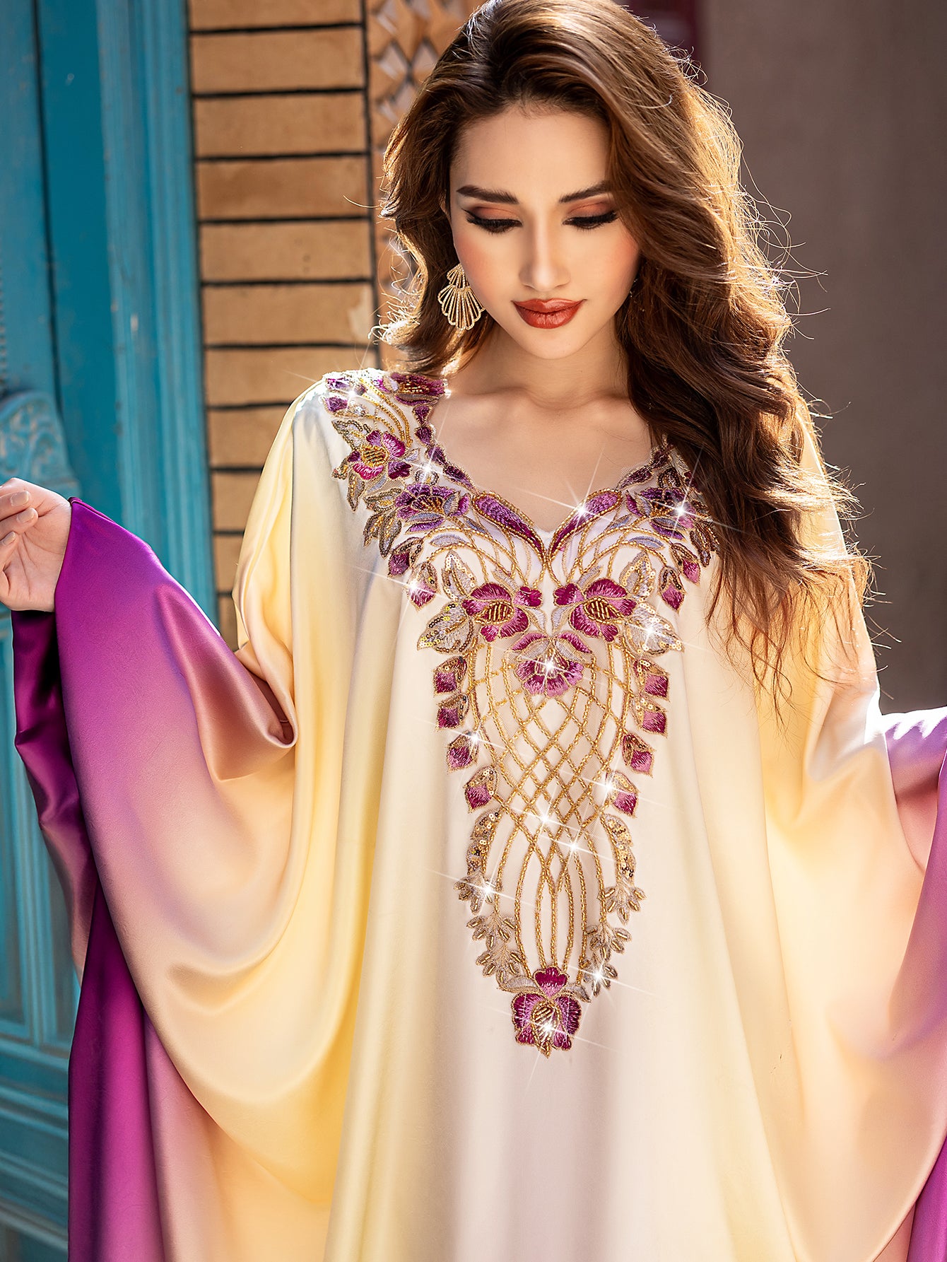 5208Arabic Ombre Abaya Dress | Gold Embroidery V-Neck Gown for Evening Events
