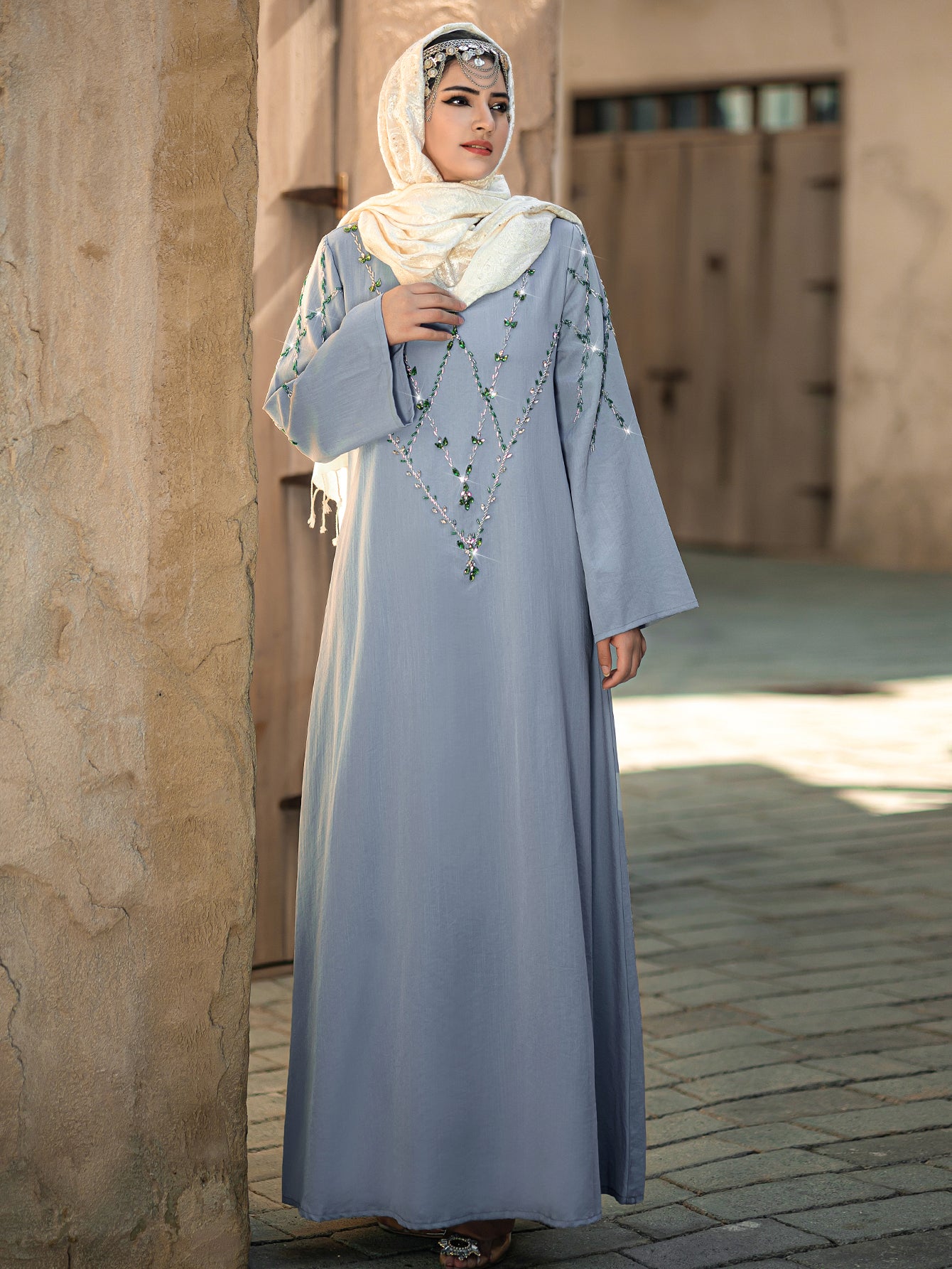 4124 Middle Eastern Style Light Blue Embroidered Loose Sleeve V-Neck Maxi Dress - Elegant Sparkling Decorated Gown