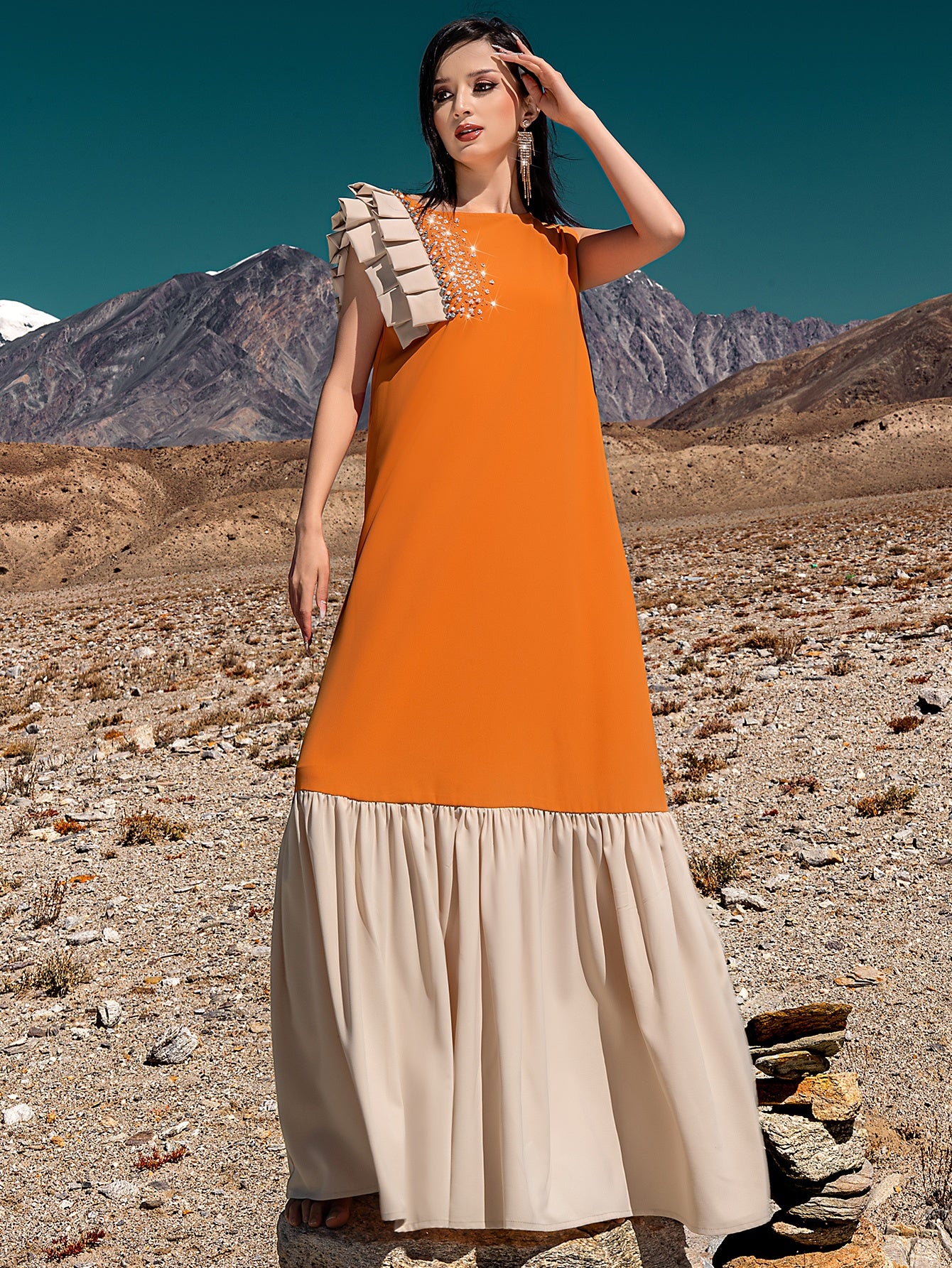 5238Arabic Orange Abaya Dress | Cream & Crystal Embroidered Gown for Special Occasions