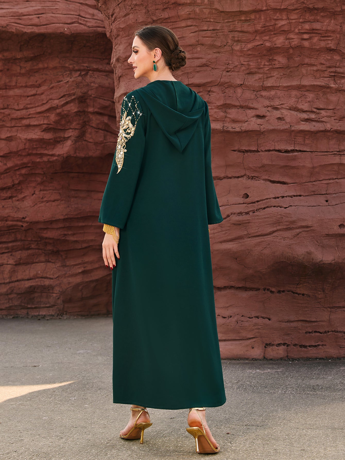 4061 Middle Eastern Style Dark Green Hooded Gold Embroidered Sequin Long Sleeve Maxi Dress - Elegant Sparkling Long Gown