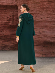 4061 Middle Eastern Style Dark Green Hooded Gold Embroidered Sequin Long Sleeve Maxi Dress - Elegant Sparkling Long Gown