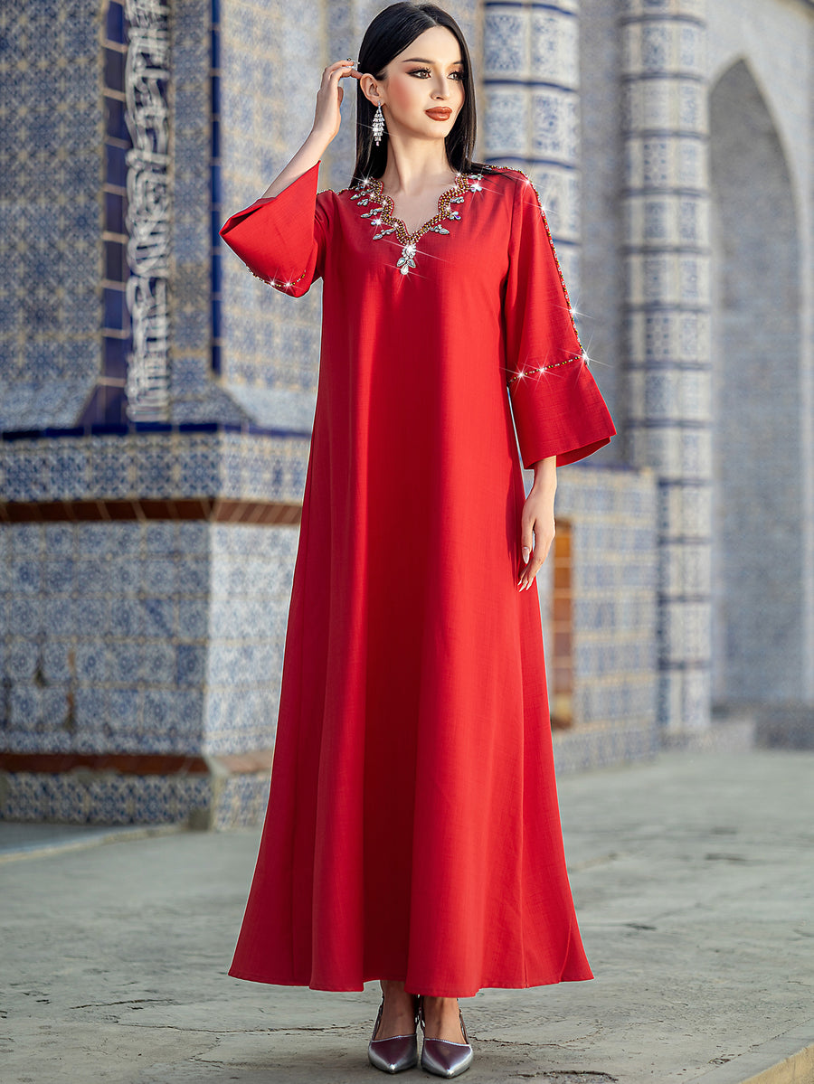 Scarlet Beaded V-Neck Bell-Sleeve Gown