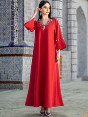 5202Scarlet Beaded Arabic Abaya Dress | V-Neck Bell Sleeves Evening Gown with Crystal Fringe & Embroidery