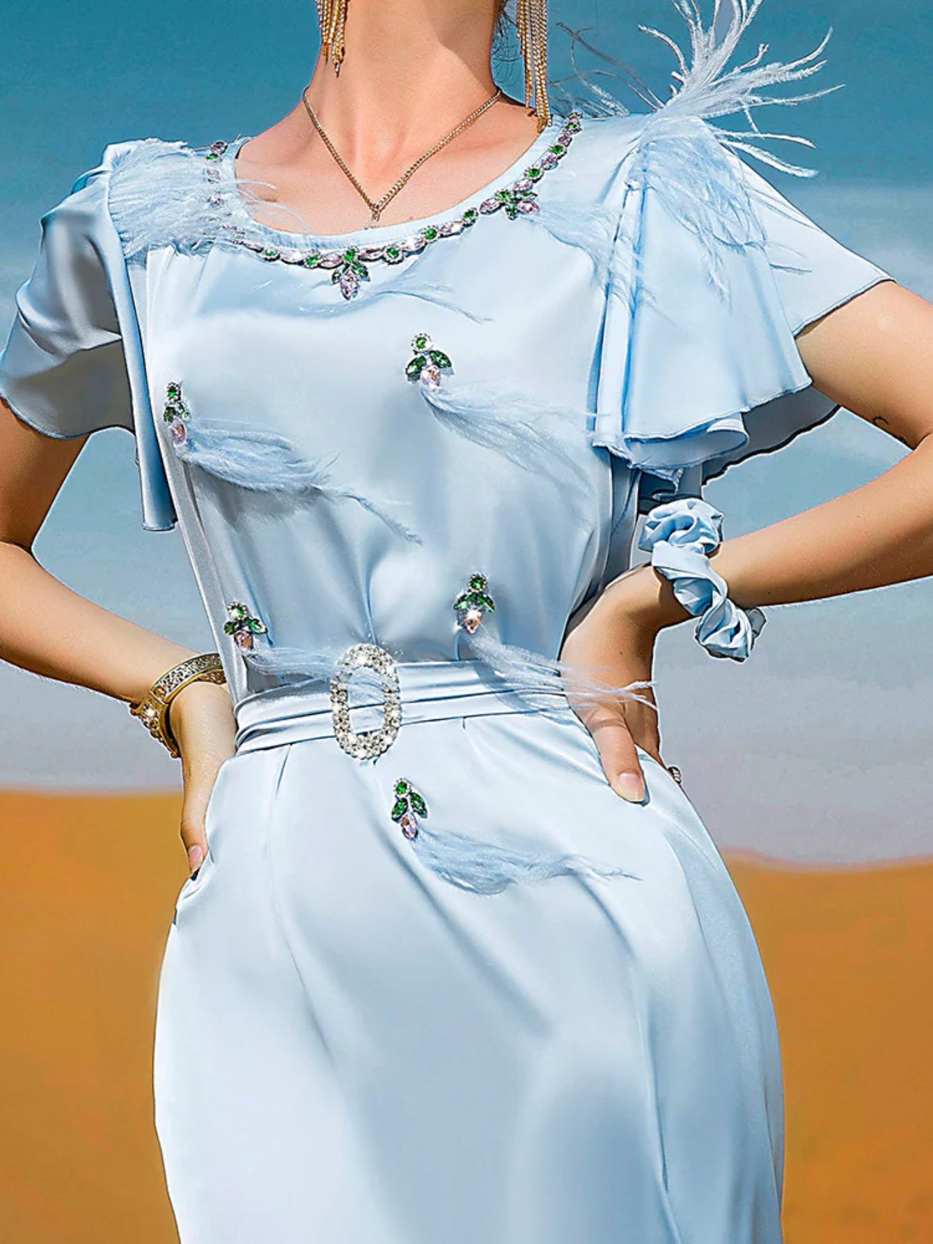 BA7039 light blue satin ruffle edge feather dress, hand-sewn diamond Muslim style spot, women's belt