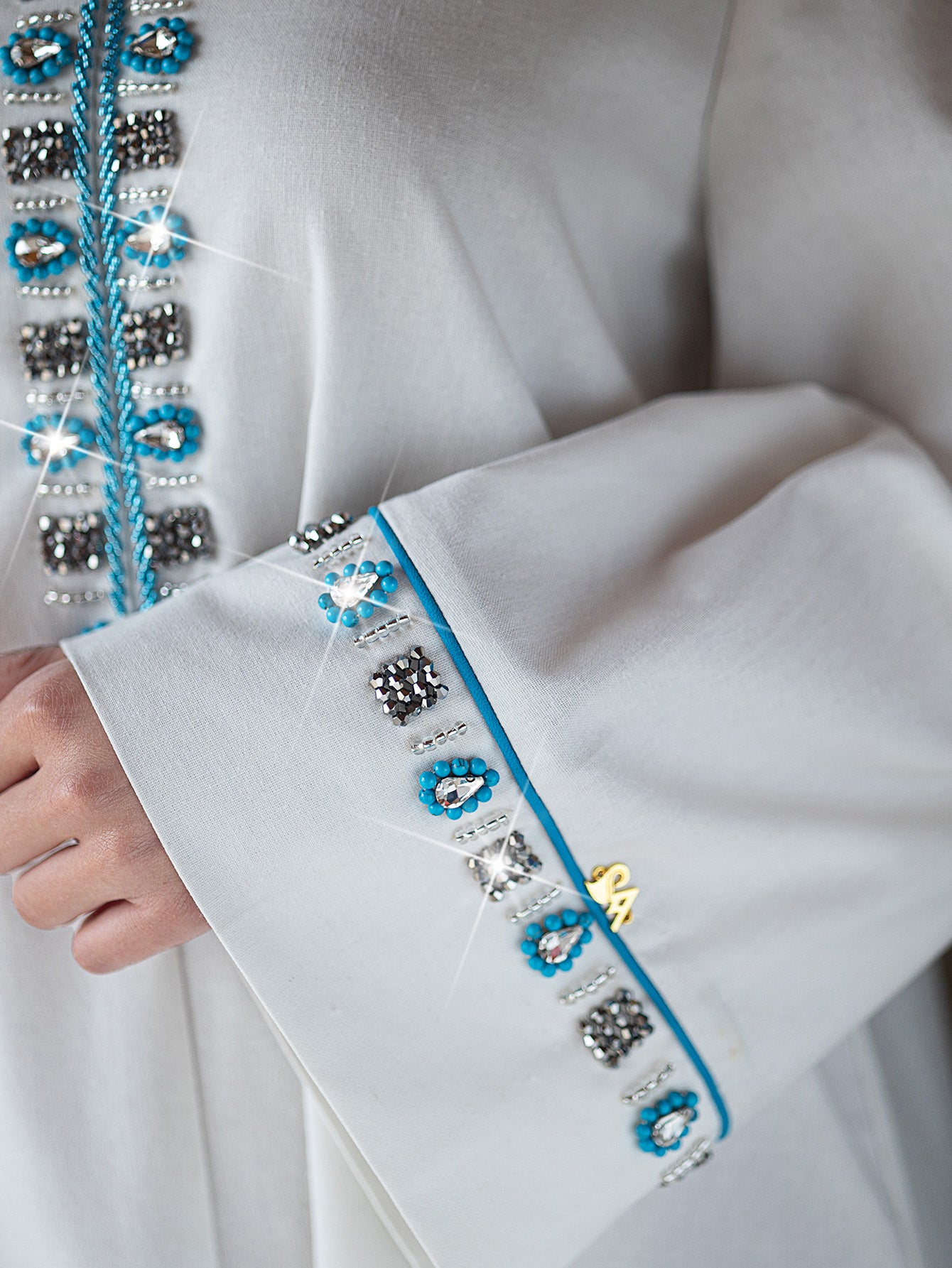 15013 Vintage Ethnic Abaya White Dress | Blue-Silver Beads Highlight, Tassel Hem Interprets Exotic Flair