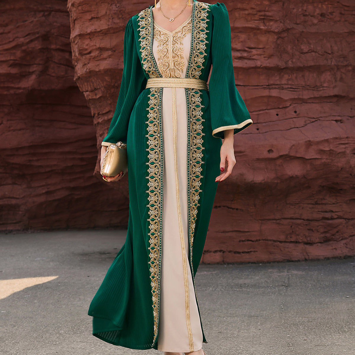 4088 Middle Eastern Style Green Beige Colorblock Gold Embroidered Long Sleeve Belted Maxi Dress - Elegant Contrast Decorated Gown